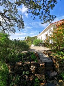 een tuin met een stenen pad en een gebouw bij Quiet and peaceful country house in pure nature 