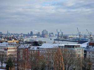 Blick auf eine Stadt mit schneebedeckten Gebäuden in der Unterkunft River View Apartment in Hamburg