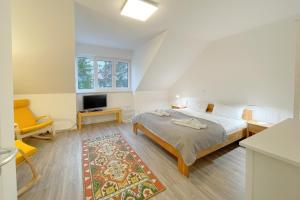 a bedroom with a bed and a desk and a tv at Bernsteinquartier Ferienhaus 10a in Kolpinsee