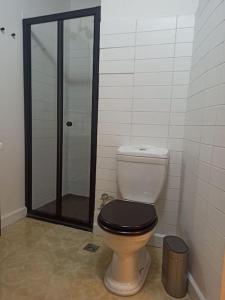 e bagno con servizi igienici e doccia in vetro. di Merkezi Konforlu ve Şık Daire a Istanbul