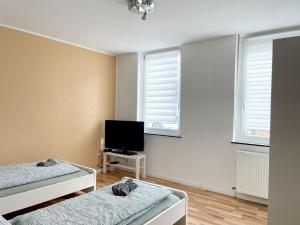 a bedroom with two beds and a flat screen tv at Nice Apartment in Brühl in Brühl