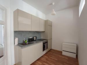 una cocina con armarios blancos y fregadero en Vienna Living Apartments - Barnabitengasse, en Viena
