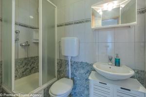La salle de bains est pourvue de toilettes, d'un lavabo et d'une douche. dans l'établissement Lucijana, à Kustići
