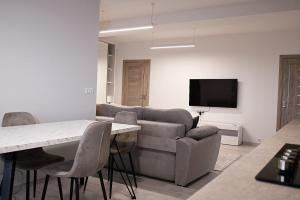 a living room with a couch and a tv at Bright and cosy apartment nr 3 in Chişinău