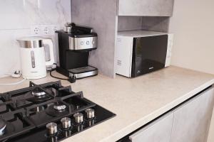 a kitchen with a stove top oven and a microwave at Bright and cosy apartment nr 3 in Chişinău