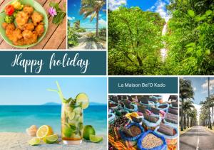 un collage de photos avec les mots joyeux vacances dans l'établissement Maison Bel'o Kado-Charme Créole, à Capesterre-Belle-Eau
