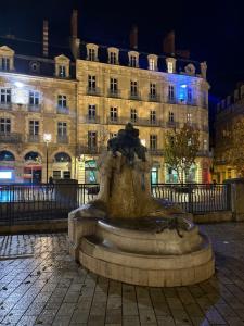 una fuente frente a un gran edificio por la noche en Home Lyla en Dijon