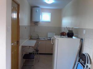 a kitchen with a white refrigerator and a sink at Casa Teo in Ocna Sibiului