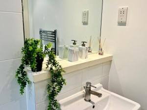 La salle de bains est pourvue d'un lavabo et d'un miroir. dans l'établissement Luxury Modern Canary 1 bedroom Apartment, à Londres