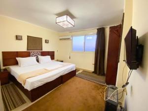 a bedroom with a bed and a television in it at Oscar pyramids view in Cairo