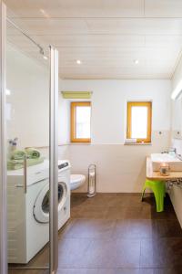 a bathroom with a washing machine and a sink at Schelterhof in Wunsiedel