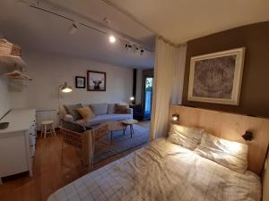 a bedroom with a bed and a living room at Acogedor estudio con terraza Besiberri 4 in Pla de l'Ermita
