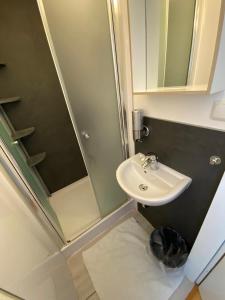 ein kleines Bad mit einem Waschbecken und einer Dusche in der Unterkunft Relax Aachener Boardinghouse Budget in Aachen