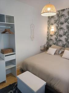 um quarto com uma cama, uma mesa e um candeeiro em Central St Aubin dans un écrin de verdure em Toulouse