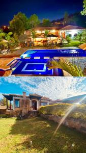 a collage of two pictures of a house and a boat at Cabaña Casa Cantabria in Villa de Leyva