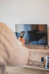 une personne tenant une télécommande devant une télévision dans l'établissement Apartment Aurelian, à Vandans