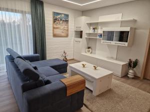 Mālu namiņš في كيكافا: غرفة معيشة مع أريكة زرقاء وطاولة
