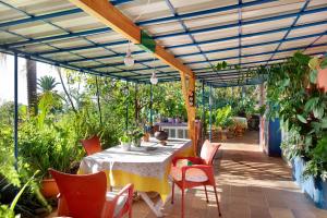 Breña的住宿－Casa La Panacea，庭院配有桌椅和植物
