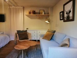 salon z kanapą i łóżkiem w obiekcie Acogedor estudio con terraza Besiberri 4 w mieście Pla de l'Ermita