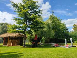 a woman standing under a tree next to a hut at LE QUART D'HEURE AMERICAIN in Bailleul