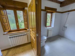 a bathroom with a toilet and two windows at Posada Cabañes in Cabañes