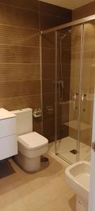y baño con aseo, ducha y lavamanos. en LANUZA - Apartamentos Down Town Málaga Centro en Málaga