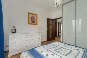 1 dormitorio con 1 cama y vestidor en Traditionally Furnished Apartment with Balcony in Poznan by Renters en Poznan