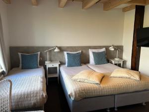 2 Betten in einem Schlafzimmer mit blauen Kissen in der Unterkunft Hotel Posthuys Vlieland in Oost-Vlieland