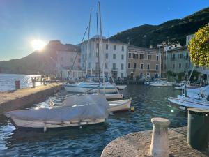 a group of boats are docked in a harbor at Casa Elisa in Gargnano