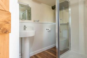 a white bathroom with a sink and a shower at Melin-Byrdir in Dyffryn
