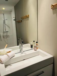 a bathroom with a white sink and a mirror at Duinenzicht II-Vosseslag De Haan in De Haan