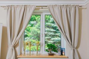 a window with curtains and a table with a plant at Apartamenty Colobrzeg Sweet Home in Kołobrzeg