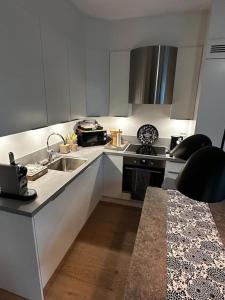 - une cuisine blanche avec évier et cuisinière dans l'établissement Stunning studio with ocean view, à Kristiansand