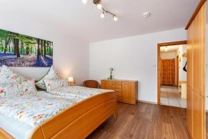 um quarto com uma cama, uma cómoda e um espelho em Ferienwohnung Busch em Meinerzhagen
