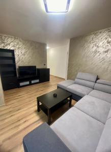 - un salon avec un canapé et une table dans l'établissement Apartman Harmonija, à Inđija