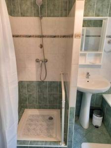 a small bathroom with a shower and a sink at Logement entier chez Hélène in Sainte-Gemme-Martaillac +20 photos