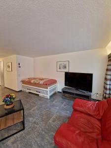 a living room with a red couch and a flat screen tv at Haus Rizzi in Bivio