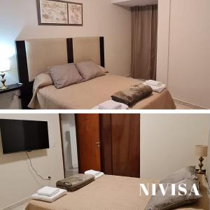 two pictures of a bedroom with a bed and a tv at Edificio NIVISA in Posadas