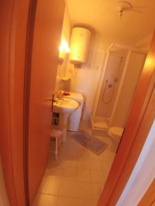 La salle de bains est pourvue d'un lavabo, de toilettes et d'une douche. dans l'établissement FratoscanoHouse DOLOMITI Villaggio Veronza val di Fiemme max 4pax by fdnfashion, à Carano