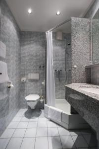 a bathroom with a shower and a toilet and a sink at Hotel Blaubeurer Tor in Ulm