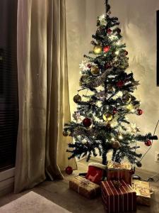 a christmas tree with presents under it in a room at Luxurious Apartment in Rovaniemi +3 photos