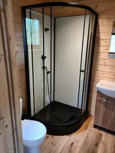 uma cabina de duche em vidro numa casa de banho com WC em Domki Dygudaj 