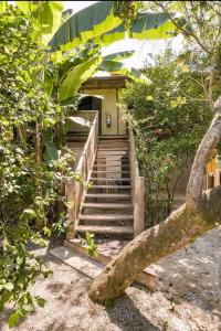 a staircase leading up to a house with a tree at Prumirim Surf Suítes in Ubatuba
