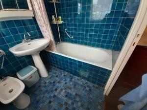 ein blau gefliestes Bad mit WC und Waschbecken in der Unterkunft Appartement Trouville-sur-Mer, 3 pièces, 6 personnes - FR-1-712-68 in Trouville-sur-Mer