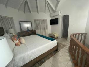 1 dormitorio con 1 cama grande y TV en Unwind at Idyllic Escape!, en Dickenson Bay