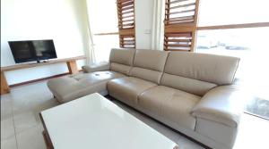 a living room with a leather couch and a tv at Modern Master bedroom B in Nadi