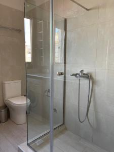 La salle de bains est pourvue d'une douche et de toilettes. dans l'établissement Belvedere 2, à Dráma