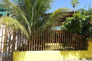 a fence with a palm tree in front of a house at Apartamento com jardím e vista por rio, farol e mar in Itacaré