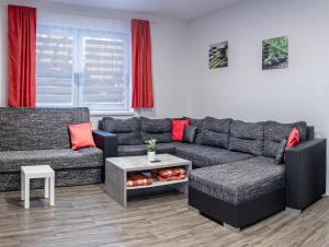 ein Wohnzimmer mit einem Sofa und einem Tisch in der Unterkunft Domeček Janov in Janov