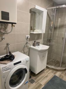 un bagno con lavatrice e lavandino di Apartman Enigma a Ruma